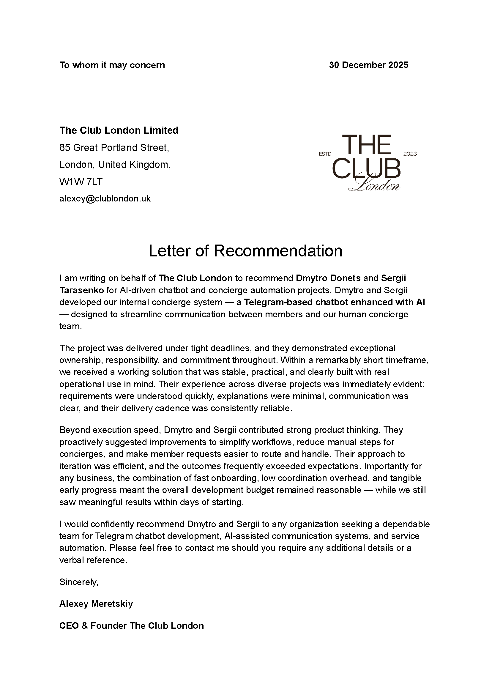 Review from The Club London